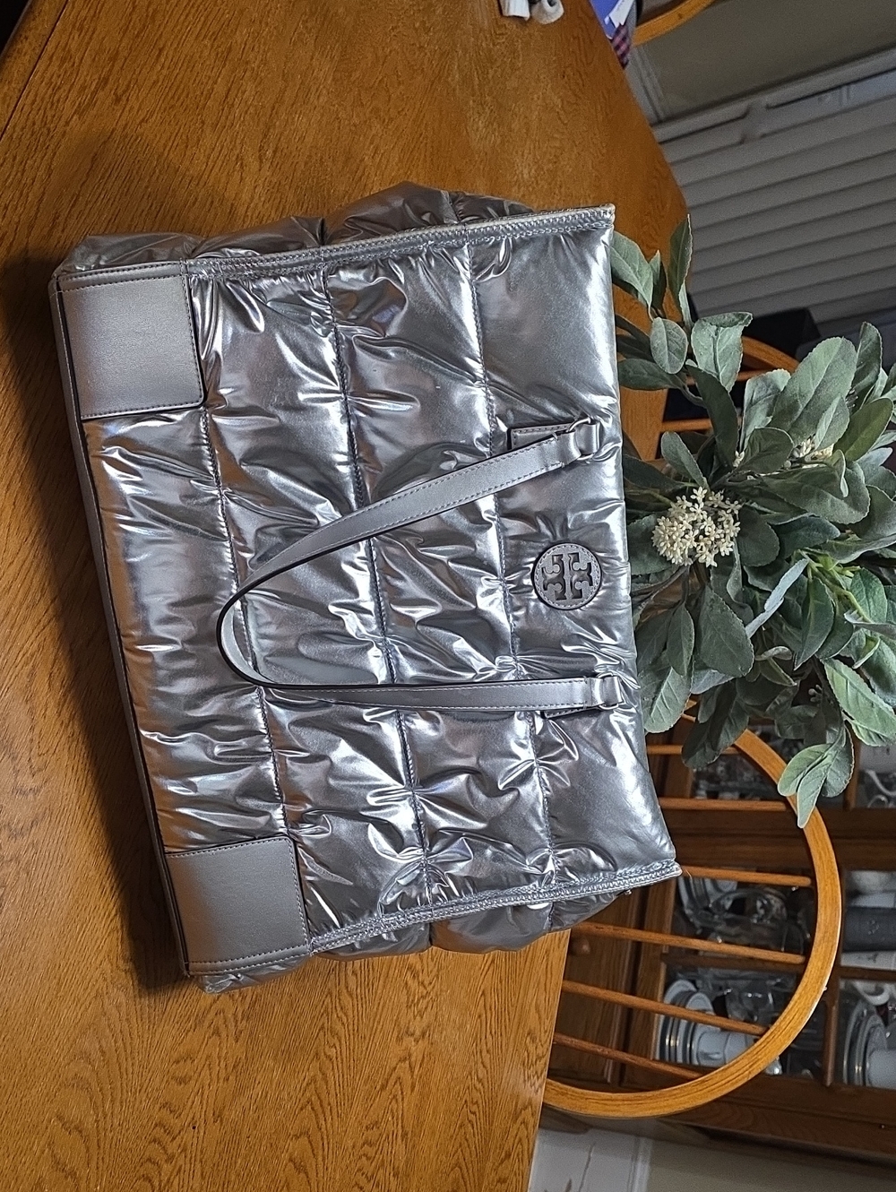 Tory Burch Metallic Silver Quilted Puffer Tote